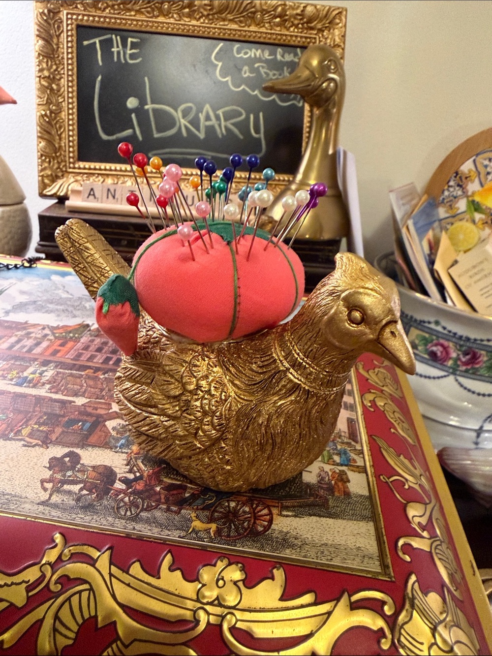Decorative Gold Bird Pin Cushion with Red Strawberry Accent